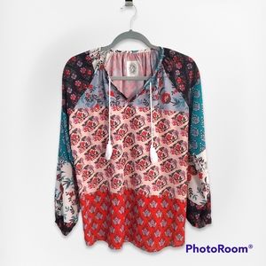 Boho flowy patchwork boho blouse with tassels, size S